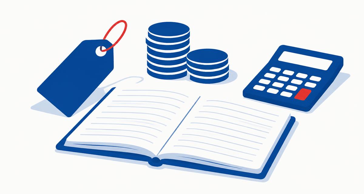 Illustration d'une étiquette de prix, de pièces et d'une calculatrice près d'un cahier ouvert